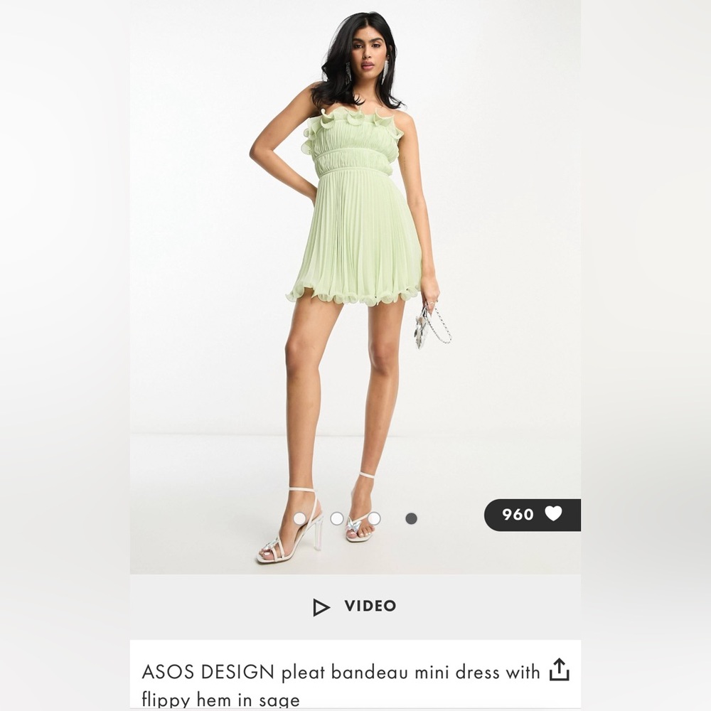 ASOS DESIGN pleat bandeau mini dress with flippy hem in sage